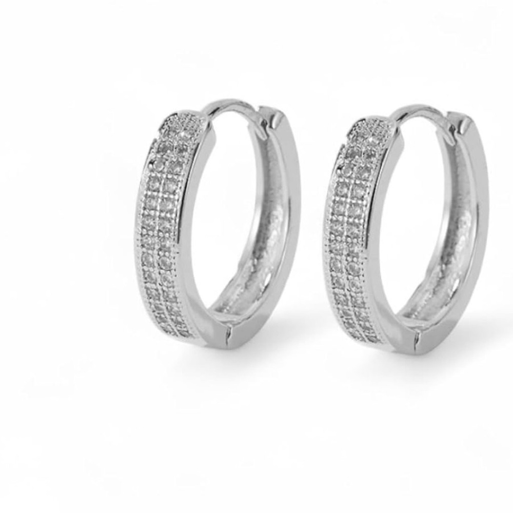 925 Sterling Silver Cubic Zirconia Two-row Huggie Hoop Earrings Hoop Earrings